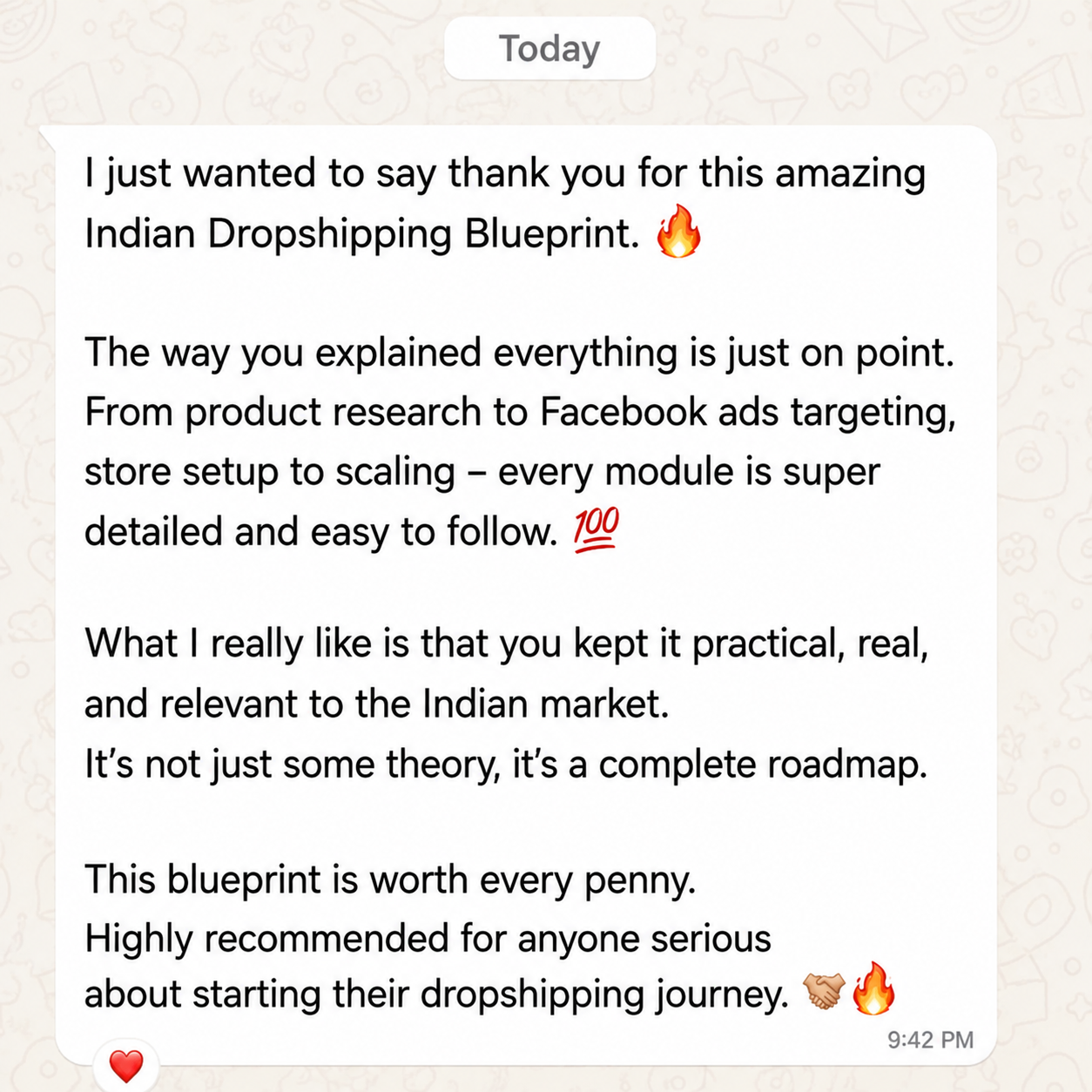 WhatsApp message from a member calling the Indian Dropshipping Blueprint a complete roadmap worth every penny
