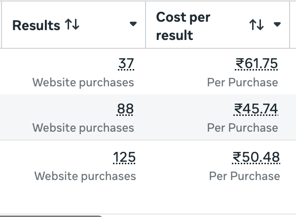 Ads manager screenshot showing 125 website purchases at ₹50.48 cost per purchase